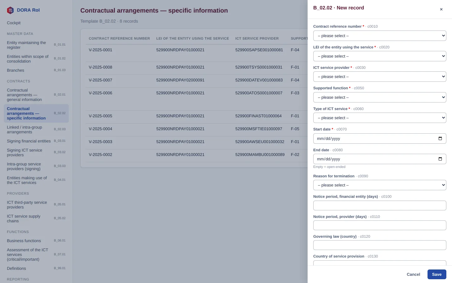The editor for a new record in B_02.02. References are dropdowns, mandatory fields carry an asterisk, column codes appear in grey next to the label