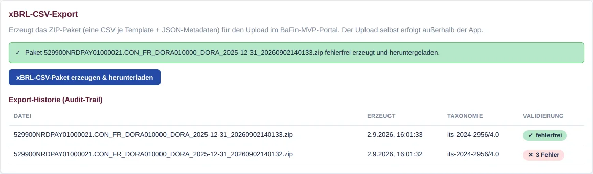 Karte xBRL-CSV-Export mit grüner Erfolgsmeldung und Export-Historie