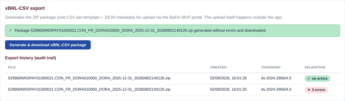xBRL-CSV export card with green success banner and export history