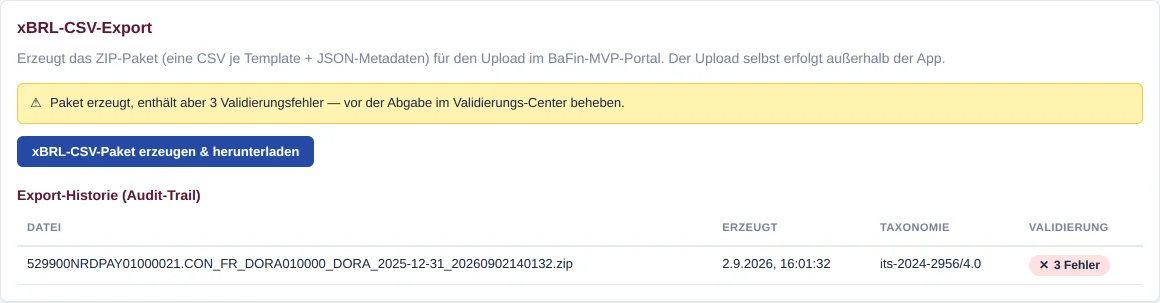 Export trotz Validierungsfehlern – gelbe Warnung, Historie-Eintrag mit „3 Fehler“