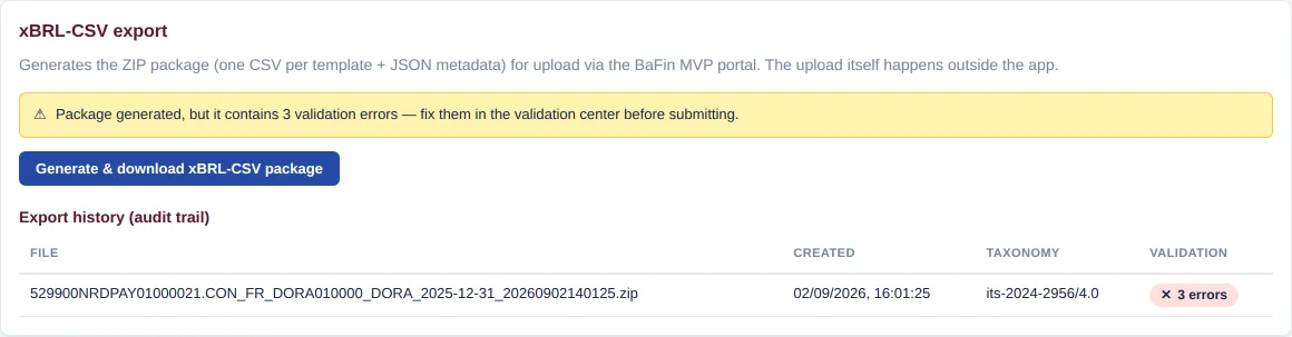 Export despite validation errors – yellow warning, history entry with “3 errors”