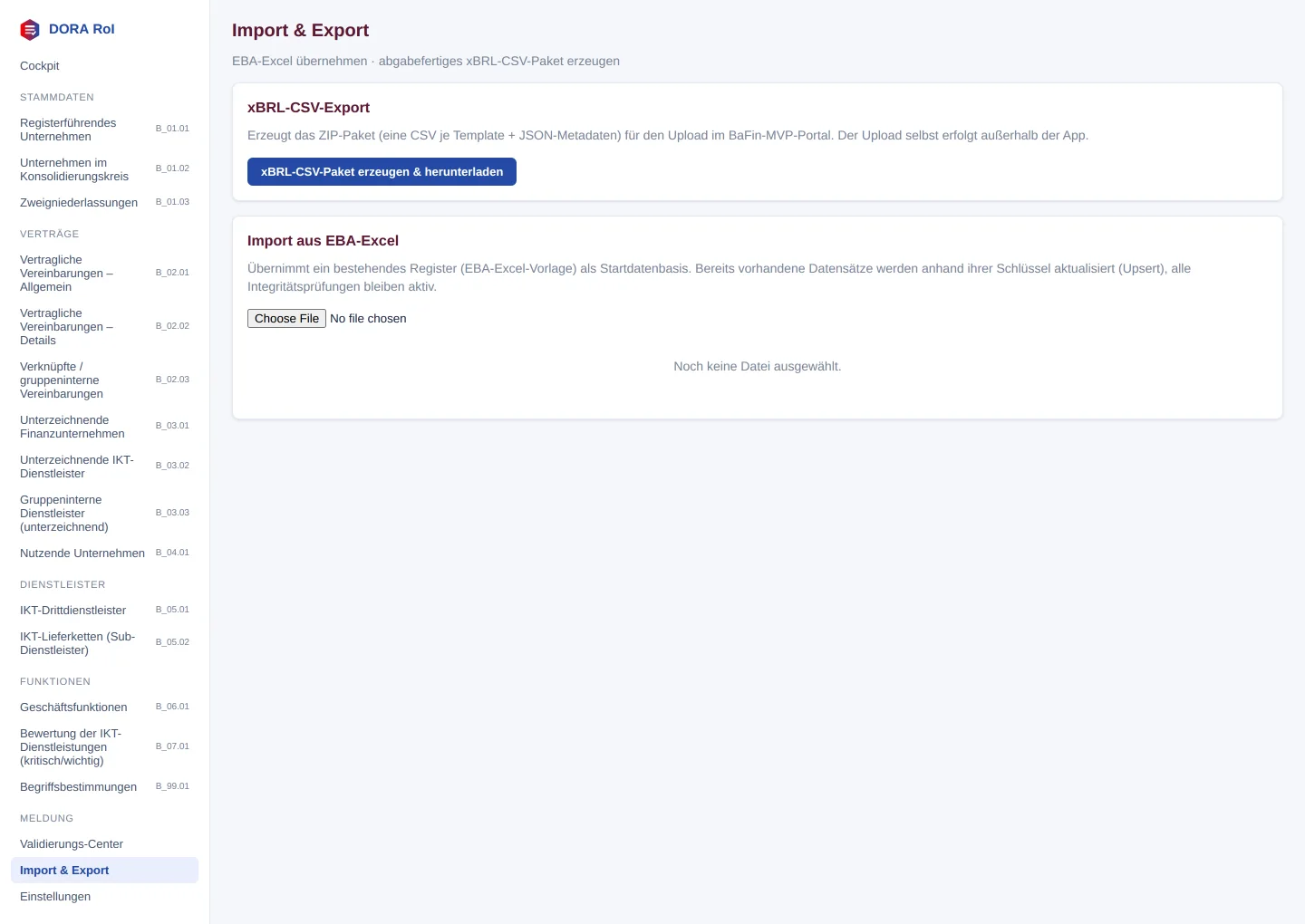 Seite Import & Export mit den Karten xBRL-CSV-Export und Import aus EBA-Excel