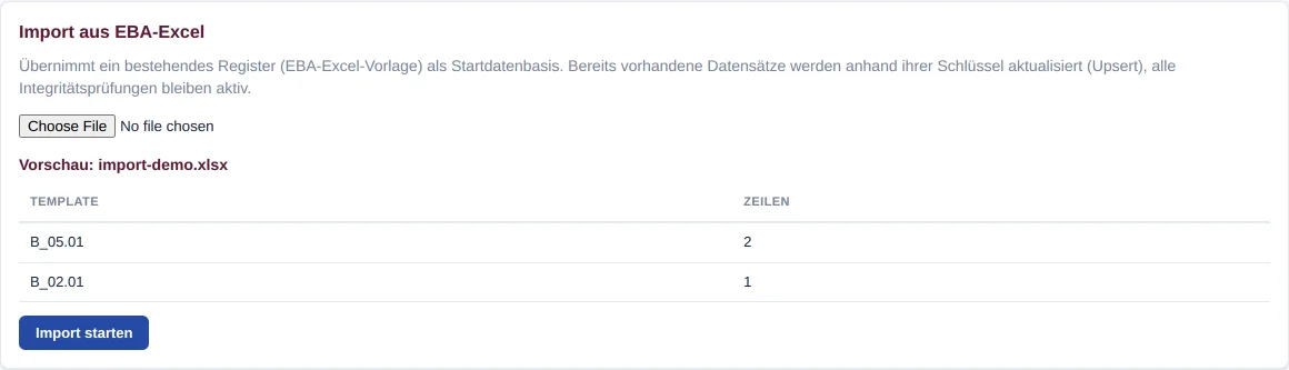 Karte Import aus EBA-Excel mit Vorschau-Tabelle und Schaltfläche Import starten