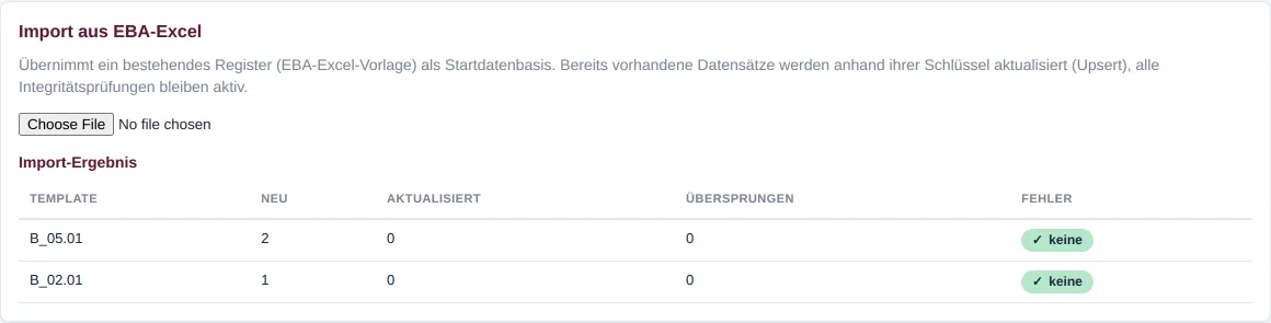 Import-Ergebnis mit den Spalten Neu, Aktualisiert, Übersprungen, Fehler