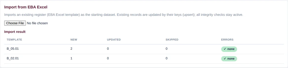 Import result with the columns New, Updated, Skipped, Errors