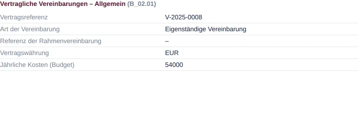 Panel-Inhalt mit verknüpftem Vertrag und dessen Feldern