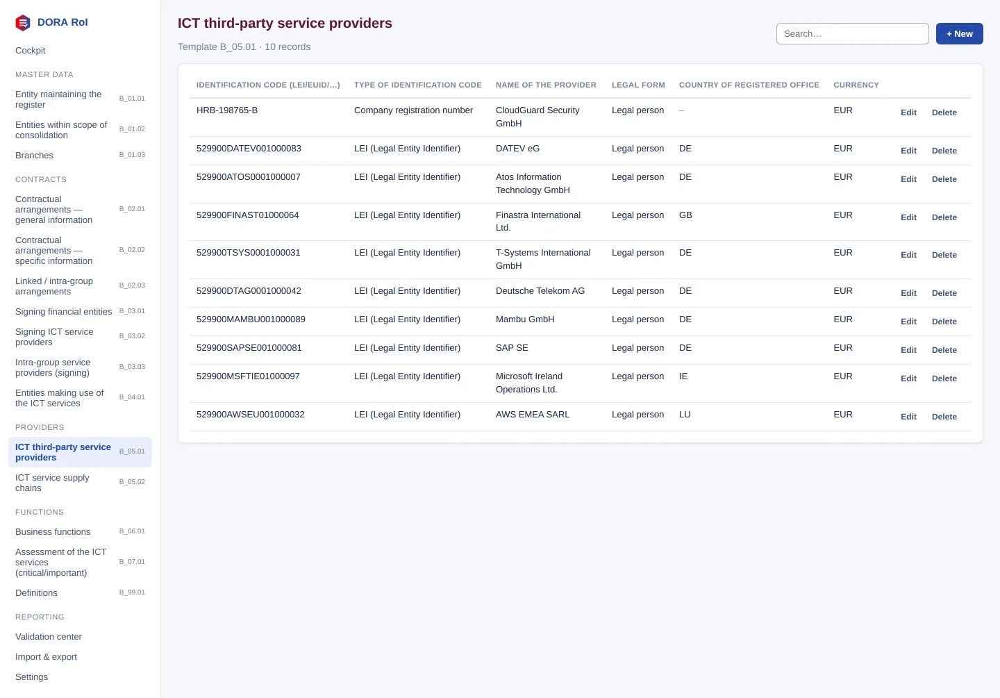 List view (here B_05.01 with the 10 demo providers)