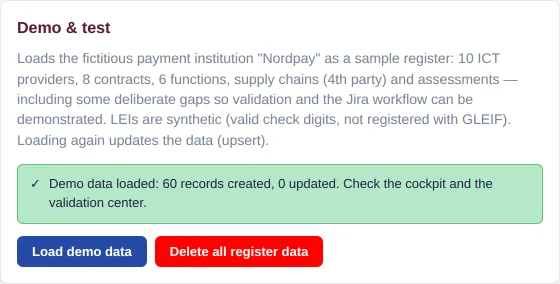 Demo & test card with the success banner after loading demo data