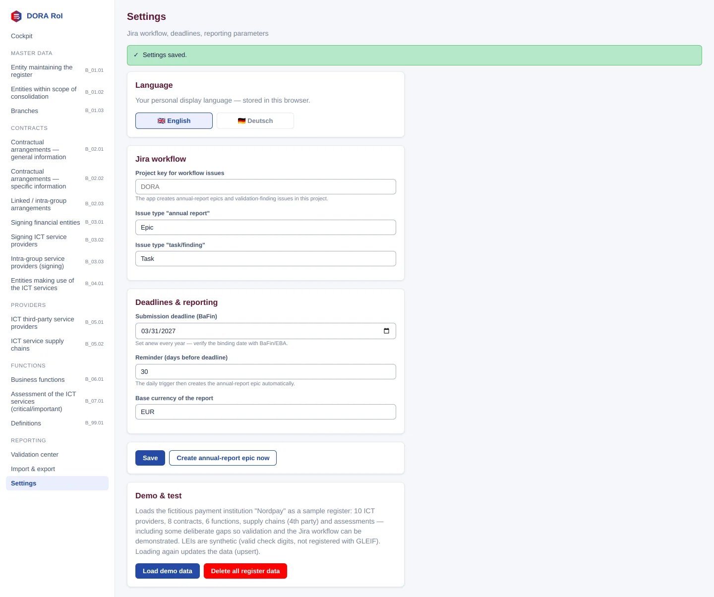 The settings after saving a submission deadline (“Settings saved.”)