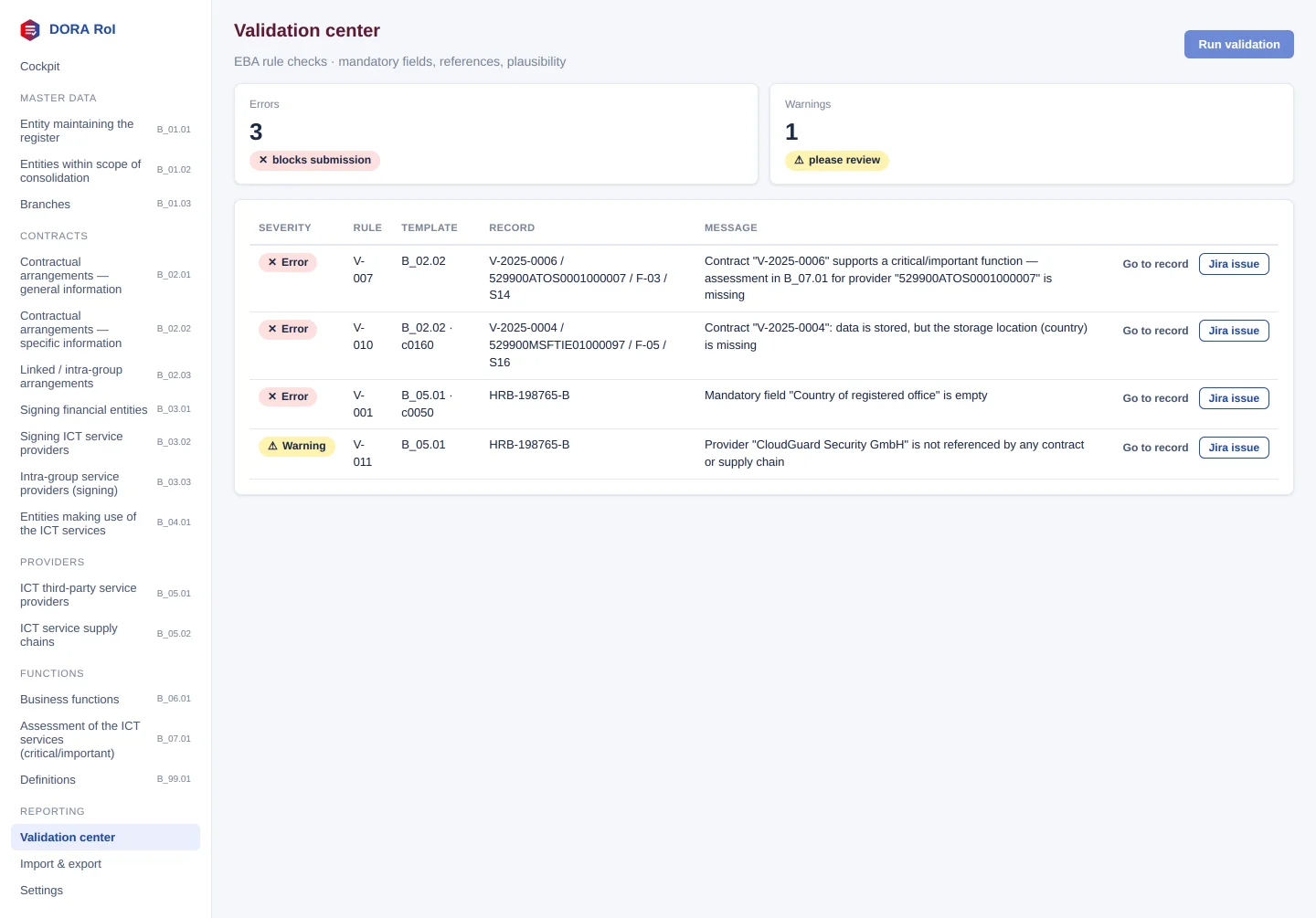 Validation center with 3 errors and 1 warning in the findings table