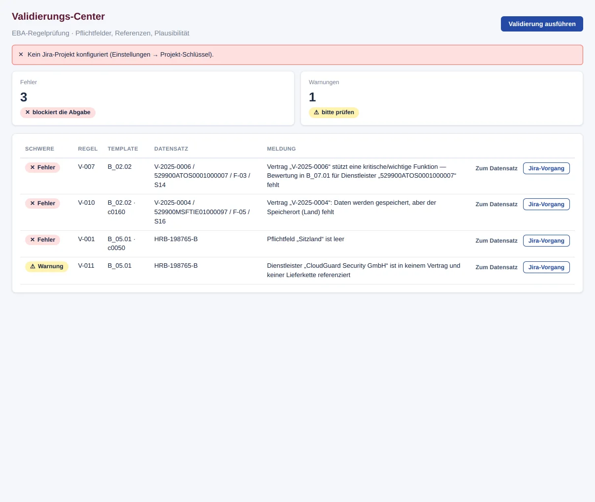 Klick auf „Jira-Vorgang“ ohne konfigurierten Projekt-Schlüssel