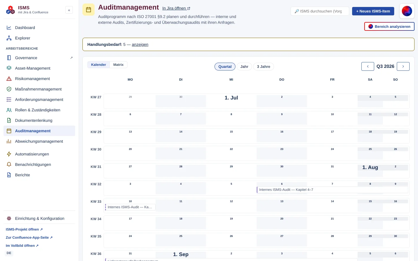 Arbeitsbereich Auditmanagement: Auditkalender Q3 2026 in der Quartalsansicht mit geplanten internen Audits je Kalenderwoche