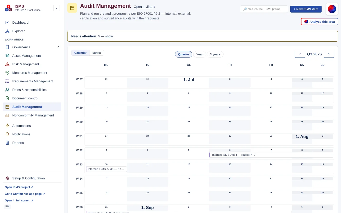 Audit Management work area: audit calendar for Q3 2026 in quarter view with planned internal audits per calendar week