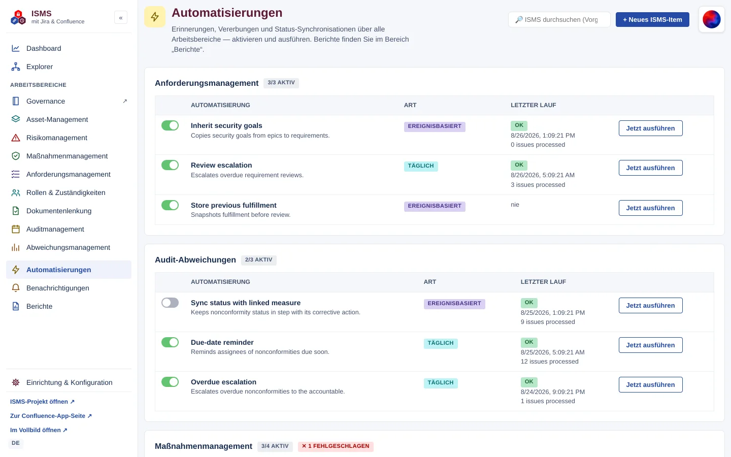 Bereich „Automatisierungen“: Gruppen mit Schalter je Regel, Art, letztem Lauf und Schaltfläche „Jetzt ausführen“