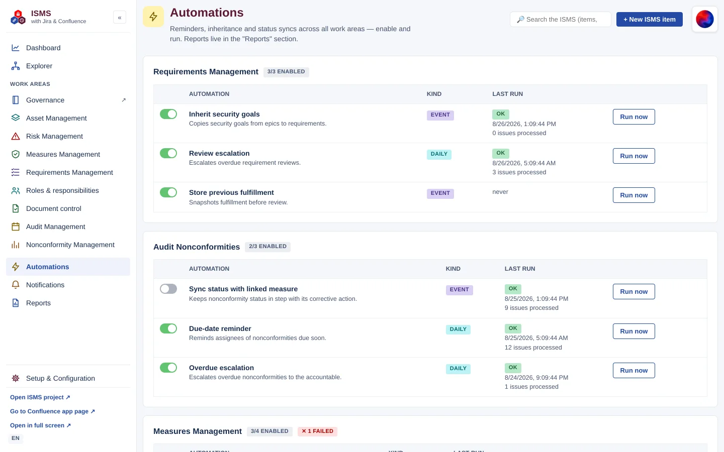 “Automations” area: groups with a toggle per rule, kind, last run and a “Run now” button