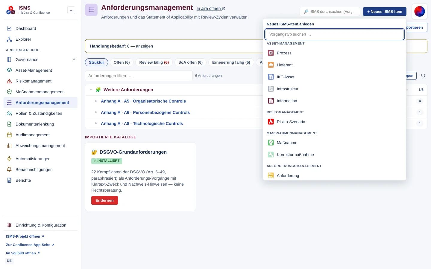 Typauswahl „Neues ISMS-Item anlegen“ mit Suchfeld „Vorgangstyp suchen …“ und nach Arbeitsbereichen gruppierten Vorgangstypen