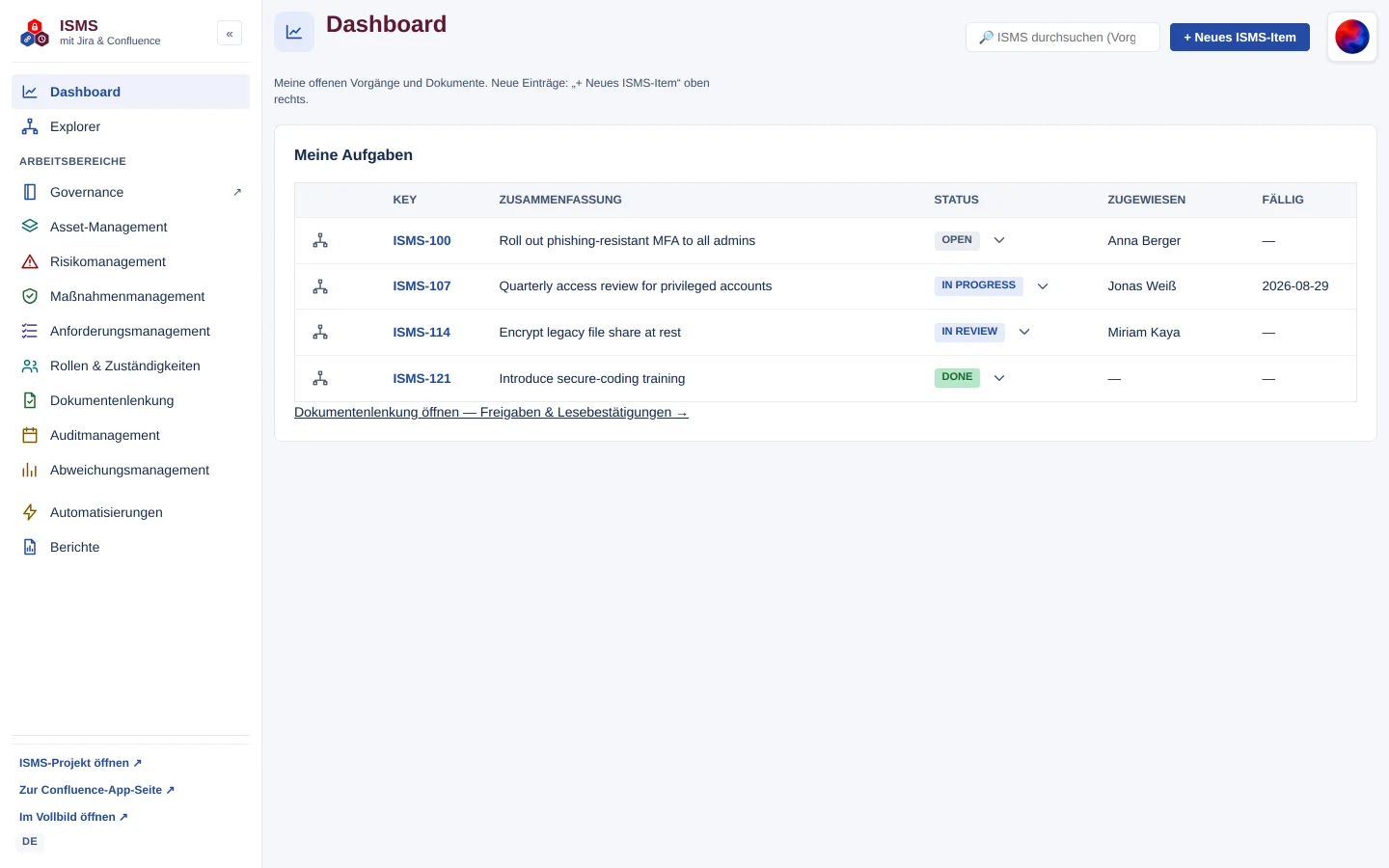 Dashboard für Mitarbeitende ohne Registerrolle: nur die Ansicht „Meine Aufgaben“ mit den eigenen Vorgängen
