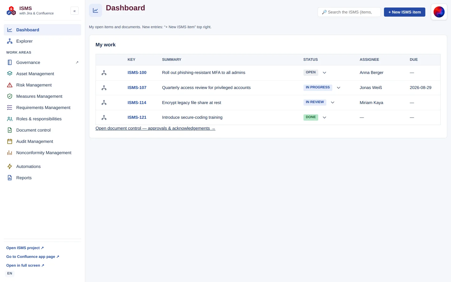 Dashboard for employees without a register role: only the “My tasks” view with the person's own issues