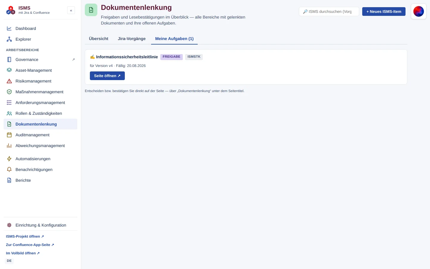 Dokumentenlenkung, Reiter „Meine Aufgaben (1)“: Freigabe „Informationssicherheitsleitlinie“, Version v4, fällig 20.08.2026