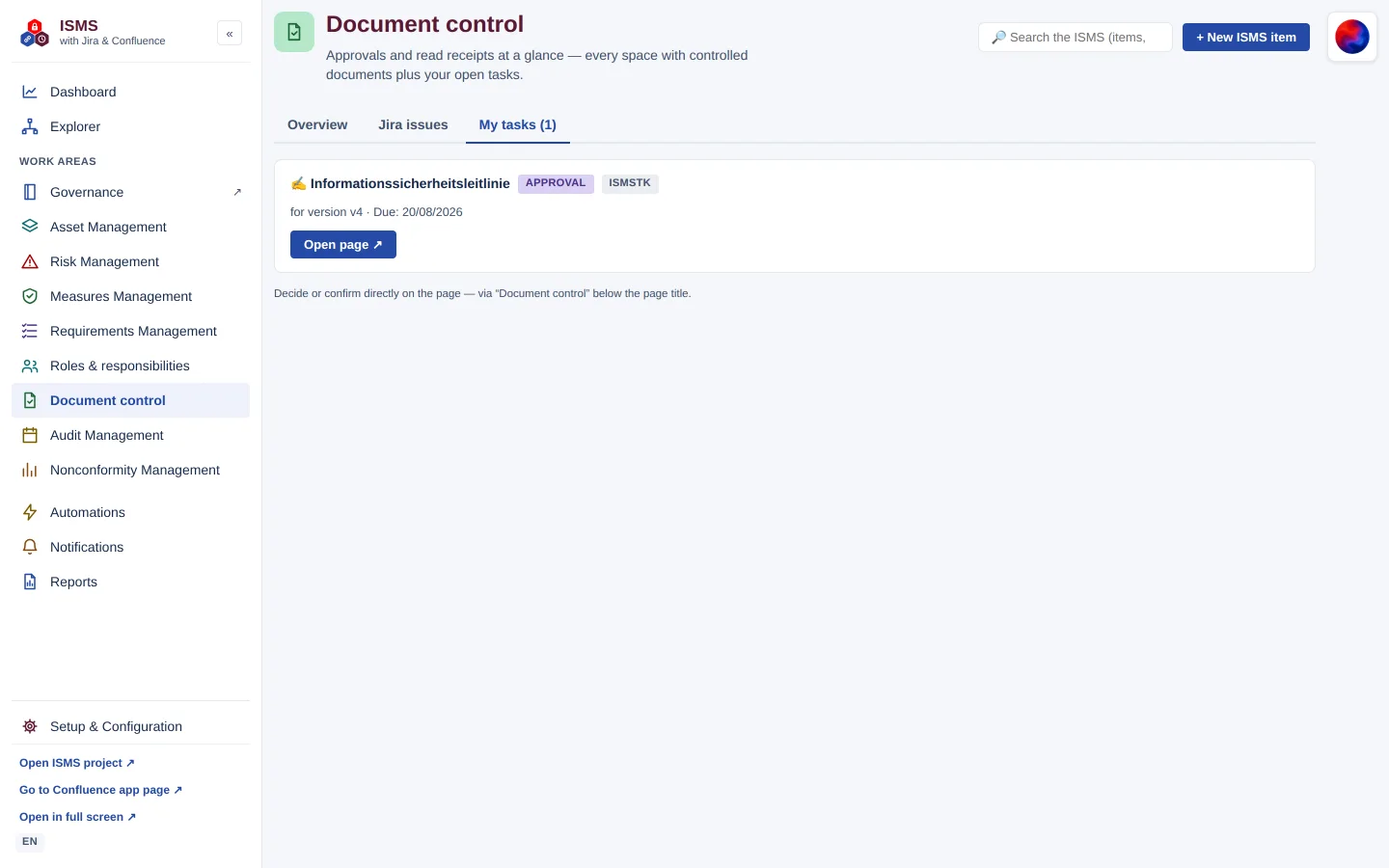 Document control, “My tasks (1)” tab: approval task “Informationssicherheitsleitlinie”, version v4, due 20/08/2026