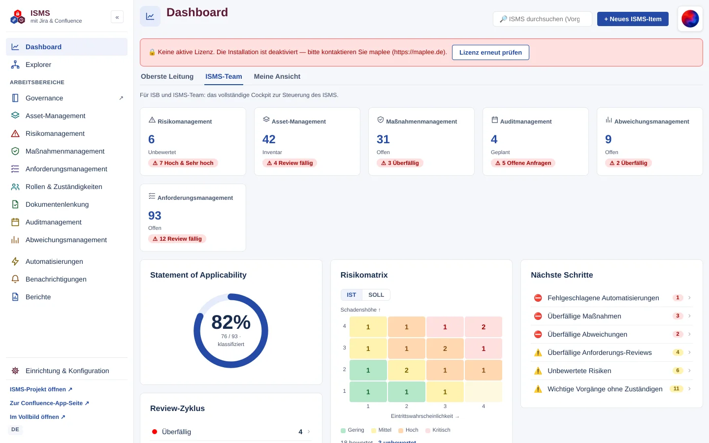 Dashboard mit rotem Band „Keine aktive Lizenz. Die Installation ist deaktiviert“ und Schaltfläche „Lizenz erneut prüfen“