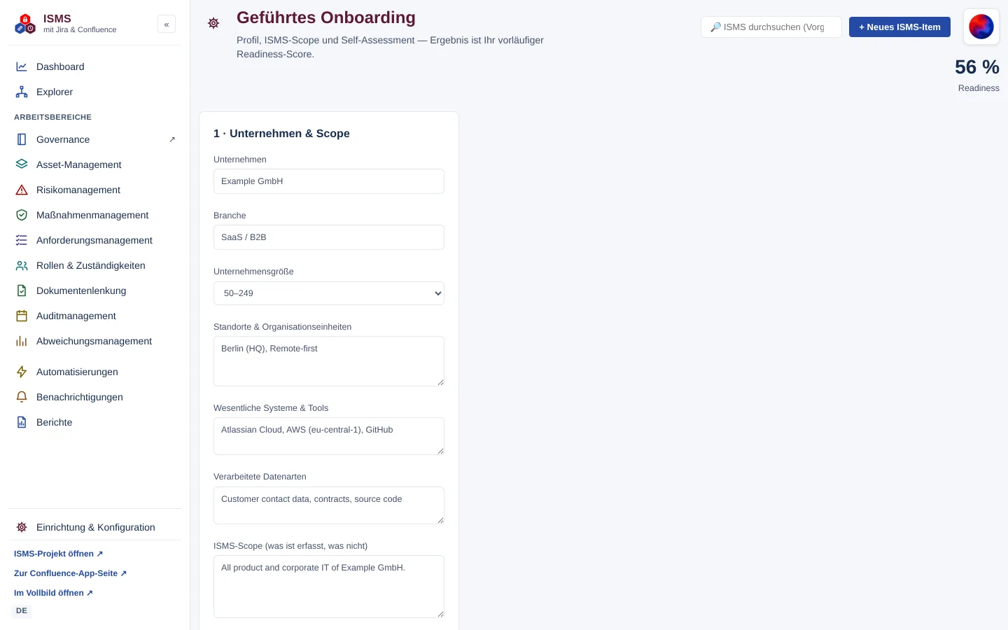 Geführtes Onboarding mit Profil, ISMS-Scope und Self-Assessment