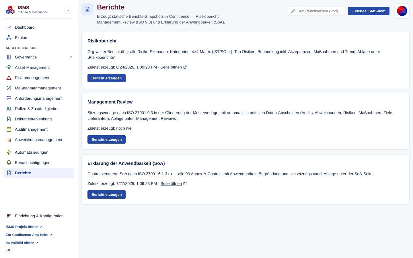 Berichte mit den Karten Risikobericht, Management Review und Erklärung der Anwendbarkeit (SoA) samt „Bericht erzeugen“