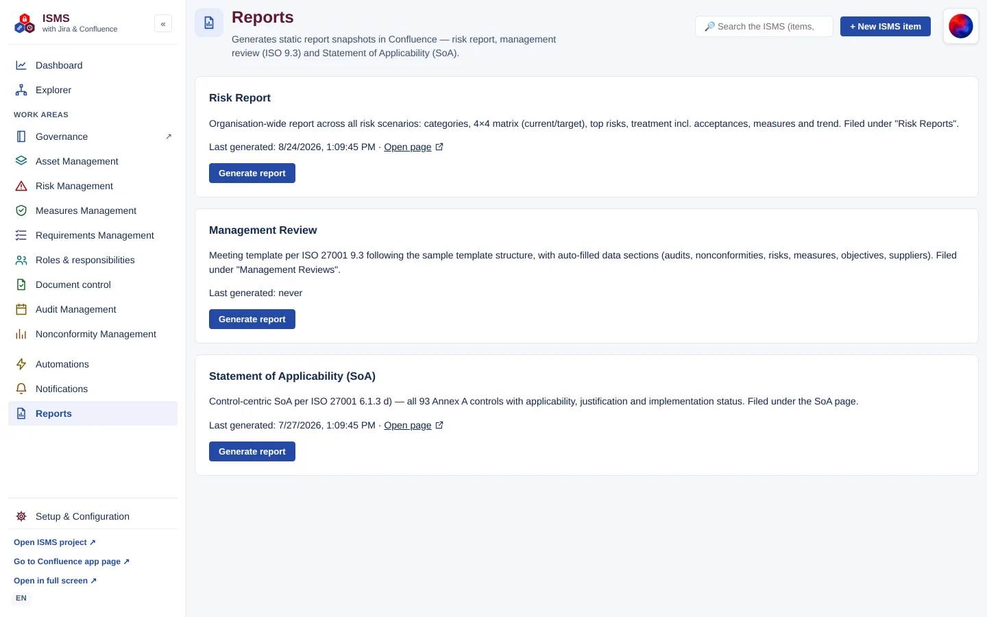 Reports area with the cards Risk Report, Management Review and Statement of Applicability (SoA) plus “Generate report”