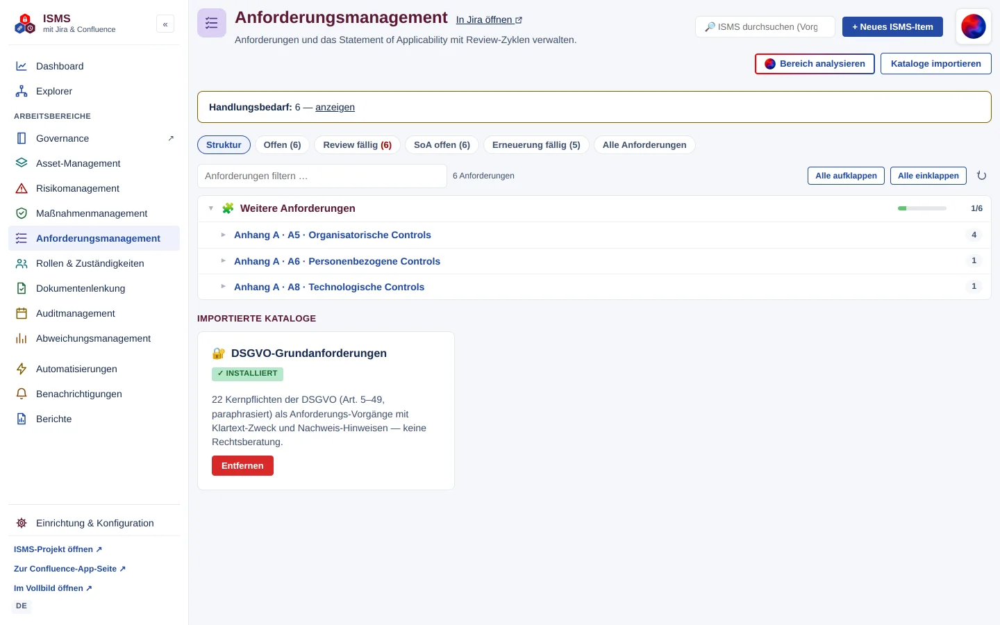 Anforderungsmanagement: Reiter „Struktur“ mit Anhang-A-Kapiteln und Katalogkarte „DSGVO-Grundanforderungen“ (installiert)