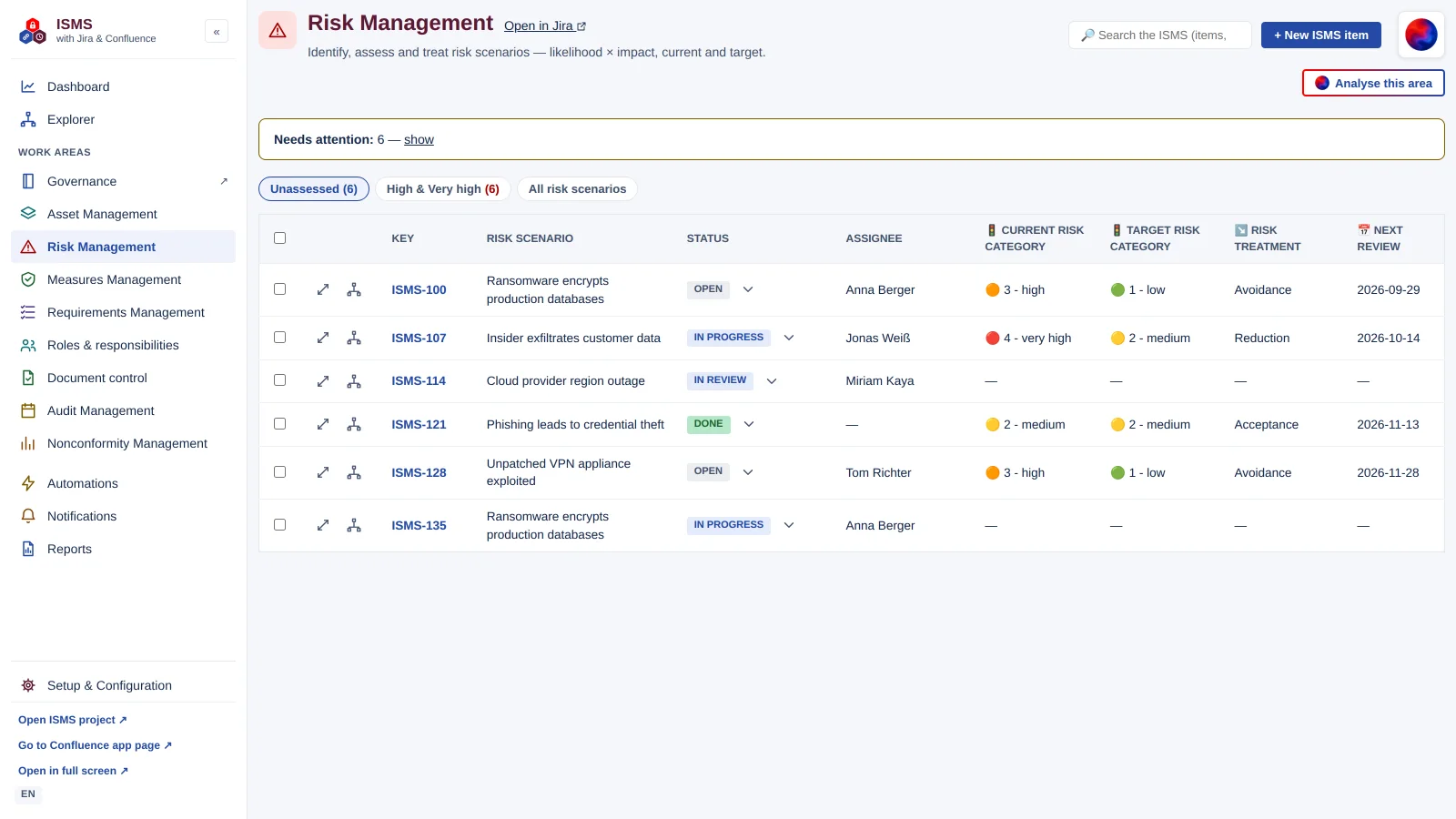 Risk Management work area: list of Risk Scenarios with current and target risk category, risk treatment and next review