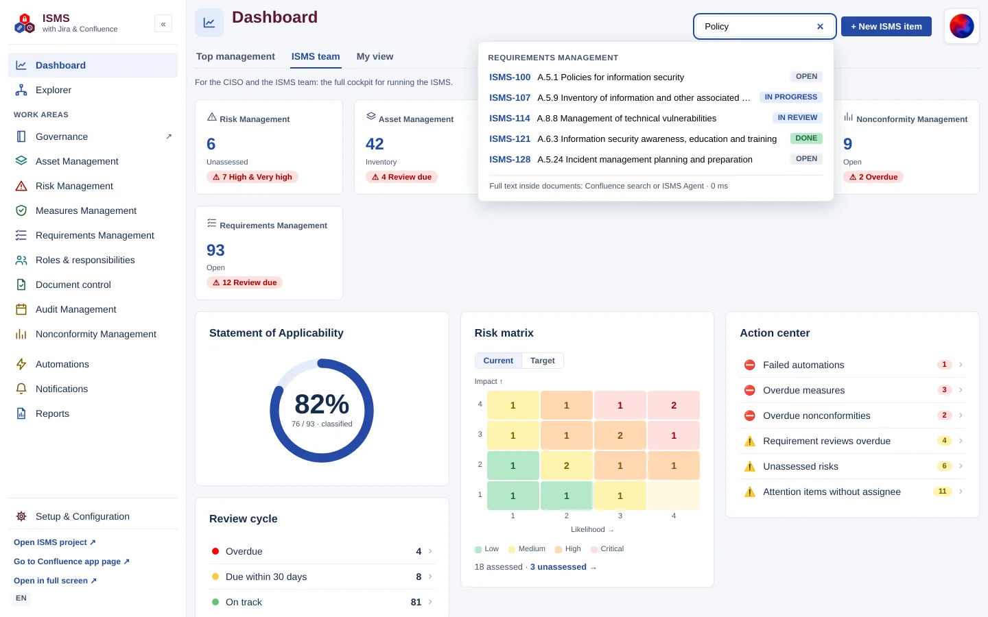 Hub search field with the query “Policy” and a hit list from Requirements Management with issue keys and statuses