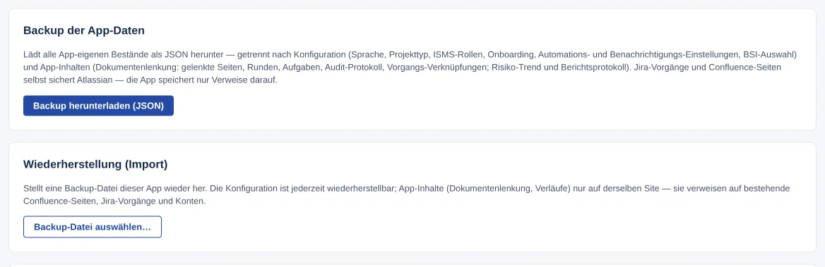 Karten „Backup der App-Daten“ („Backup herunterladen (JSON)“) und „Wiederherstellung (Import)“ („Backup-Datei auswählen…“)