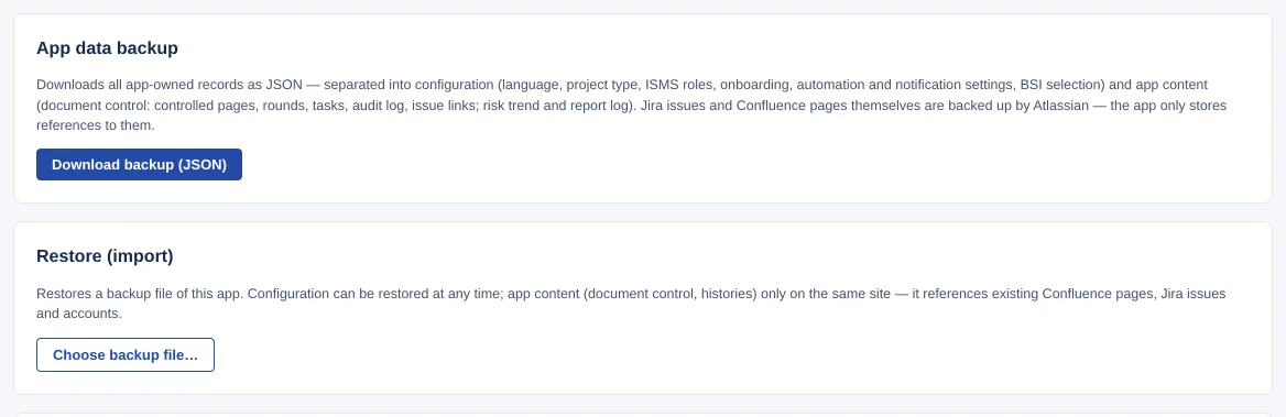 Cards “App data backup” with “Download backup (JSON)” and “Restore (import)” with “Choose backup file…”