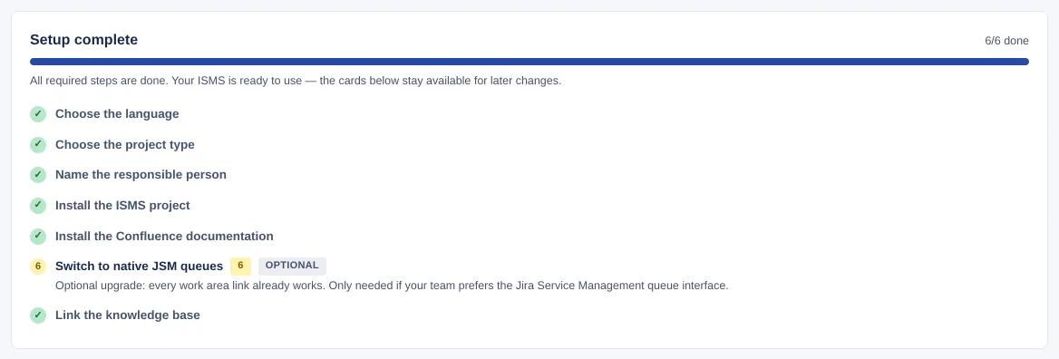 “Setup complete” card with 6/6 done, a progress bar and all required setup steps ticked