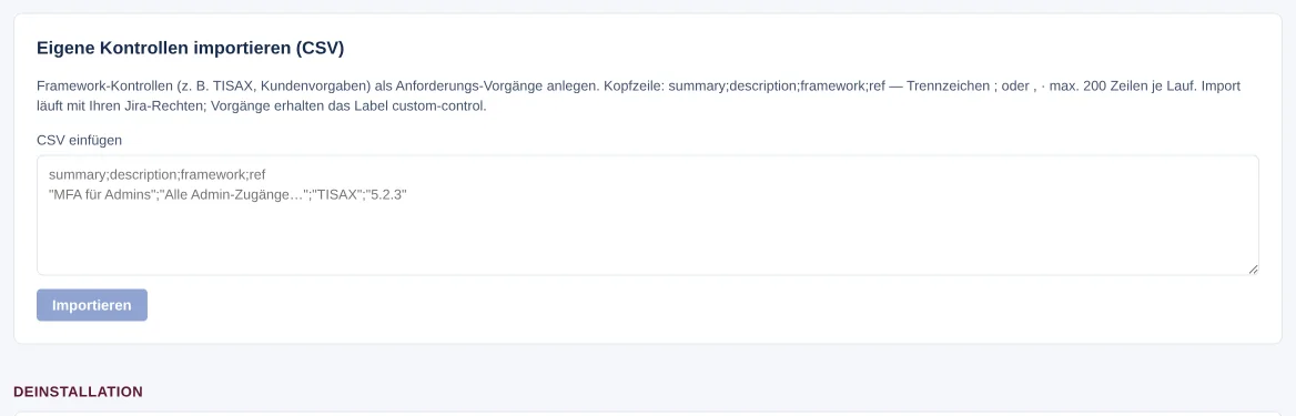 Karte „Eigene Kontrollen importieren (CSV)“ mit Feld „CSV einfügen“ (Beispielzeile als Platzhalter) und „Importieren“