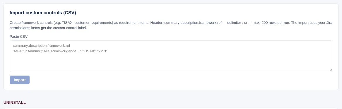 Card “Import custom controls (CSV)” with the “Paste CSV” field (sample row as placeholder) and the “Import” button