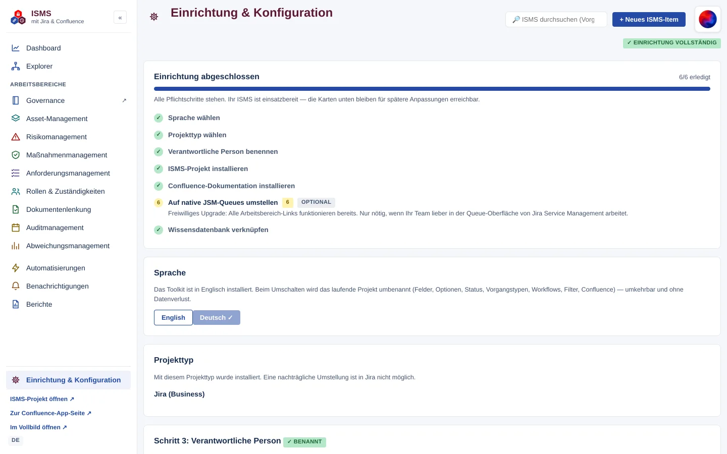 Einrichtung & Konfiguration der ISMS-App mit Sprachwahl, Projekttyp und Installationsfortschritt