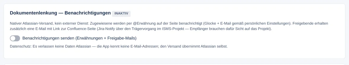 Karte „Dokumentenlenkung — Benachrichtigungen“ (INAKTIV) mit ausgeschaltetem Schalter „Benachrichtigungen senden“
