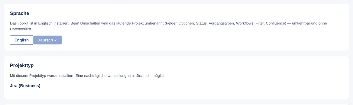 Block „Sprache“ in der Einrichtung mit den Schaltflächen „English“ und „Deutsch ✓“, darunter der Block „Projekttyp“