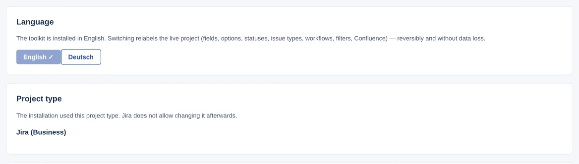 “Language” block in Setup with the “English ✓” and “Deutsch” buttons, below it the “Project type” block