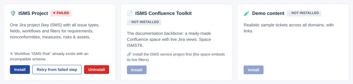 Module card “ISMS Project” with badge “FAILED”, error message and the “Retry from failed step” button