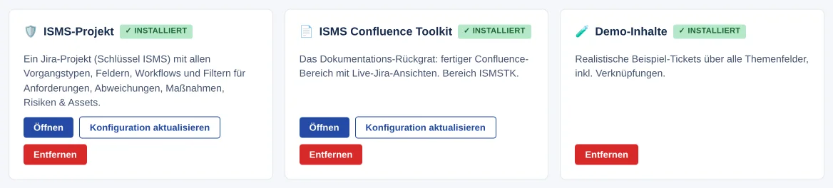 Modulkarten „ISMS-Projekt“, „ISMS Confluence Toolkit“ und „Demo-Inhalte“ mit Abzeichen „✓ INSTALLIERT“ und Schaltflächen