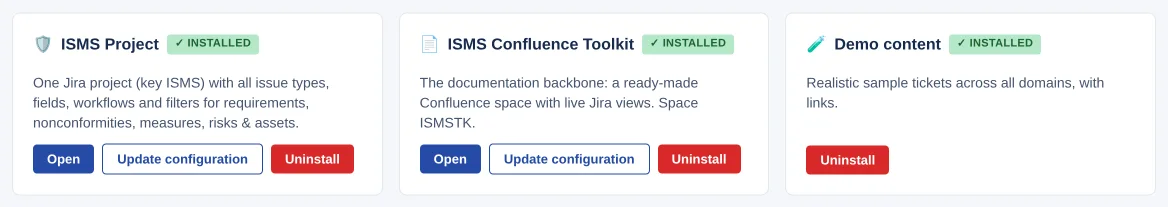 Module cards “ISMS Project”, “ISMS Confluence Toolkit” and “Demo content” with the “✓ INSTALLED” badge and buttons