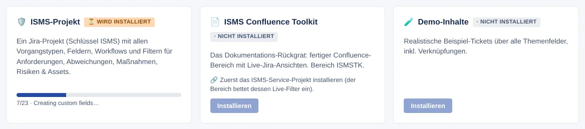 Modulkarten: „ISMS-Projekt“ wird installiert (7/23), „ISMS Confluence Toolkit“ und „Demo-Inhalte“ nicht installiert