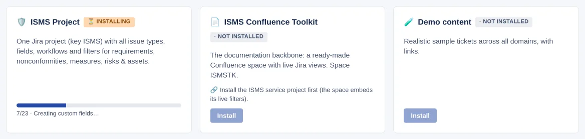 Module cards: “ISMS Project” installing (progress 7/23), “ISMS Confluence Toolkit” and “Demo content” not installed