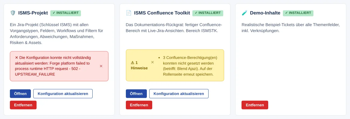 Modulkarten „ISMS-Projekt“ mit roter Fehlermeldung und „ISMS Confluence Toolkit“ mit gelbem Kasten „⚠ 1 Hinweise“