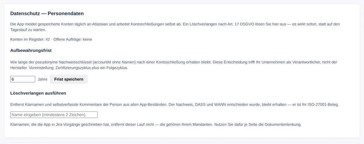 „Datenschutz — Personendaten“: „Aufbewahrungsfrist“ mit 6 Jahre und „Frist speichern“, darunter „Löschverlangen ausführen“
