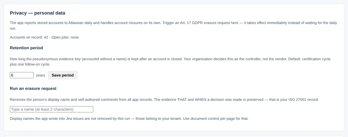 Card “Privacy — personal data”: “Retention period” section with 6 years, “Save period” and “Run an erasure request”