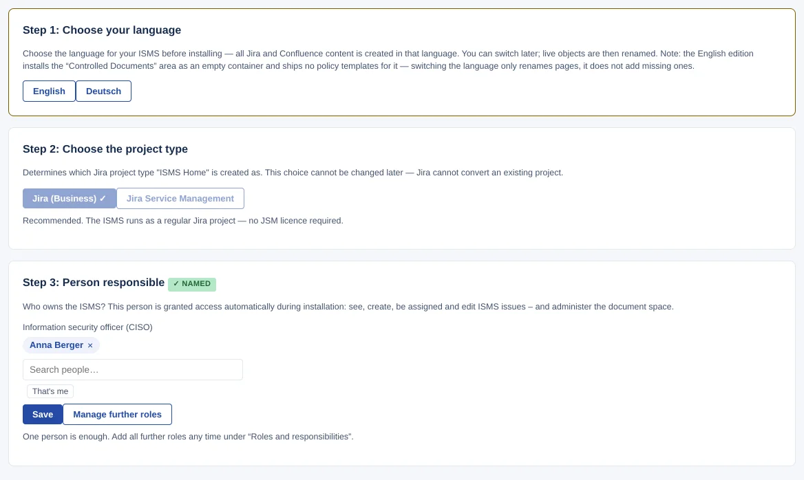 Setup blocks “Step 1: Choose your language”, “Step 2: Choose the project type” and “Step 3: Person responsible”