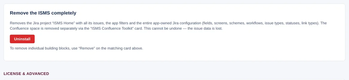 Card “Remove the ISMS completely” with warning text and the red “Uninstall” button